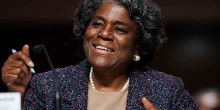 United States Ambassador to the United Nations nominee Linda Thomas-Greenfield testifies during for her confirmation hearing before the Senate Foreign Relations Committee on Capitol Hill, Wednesday, Jan. 27, 2021, in Washington. (Greg Nash/Pool via AP)