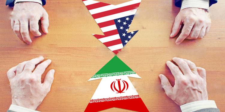 Concept of confrontation between Iran and United States. Diplomacy and hard talks