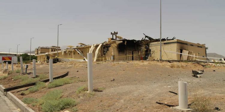 This photo released Thursday, July 2, 2020, by the Atomic Energy Organization of Iran, shows a building after it was damaged by a fire, at the Natanz uranium enrichment facility some 200 miles (322 kilometers) south of the capital Tehran, Iran. A fire burned the building above Iran's underground Natanz nuclear enrichment facility, though officials say it did not affect its centrifuge operation or cause any release of radiation. The Atomic Energy Organization of Iran sought to downplay the fire Thursday, calling it an "incident" that only affected an "industrial shed." (Atomic Energy Organization of Iran via AP)